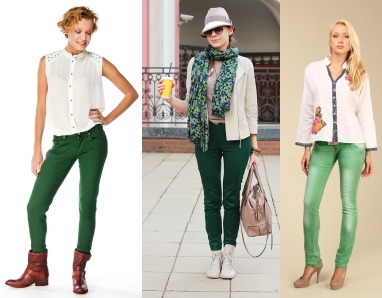 Зеленые джинсы в романтическом стиле